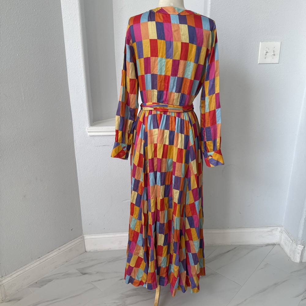 Maxi Dress M Colorblock Rainbow Belted Boho 80s Artsy Mod‎ Festival - Picture 6 of 14